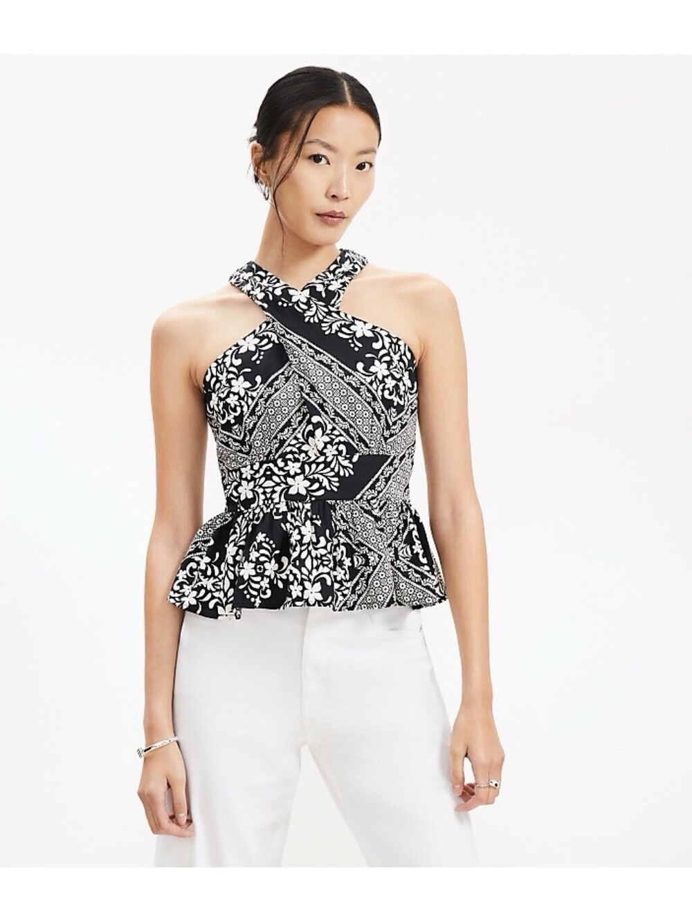 LOFT Black & White Batik Print Halter Peplum Top Size 10 Boho Chic Resort Wear